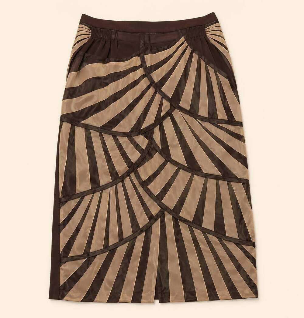 Vtg Donavinci Brown‎ Tan Mesh Ribbon Midi Skirt Abstract Sheer Overlay Size 24